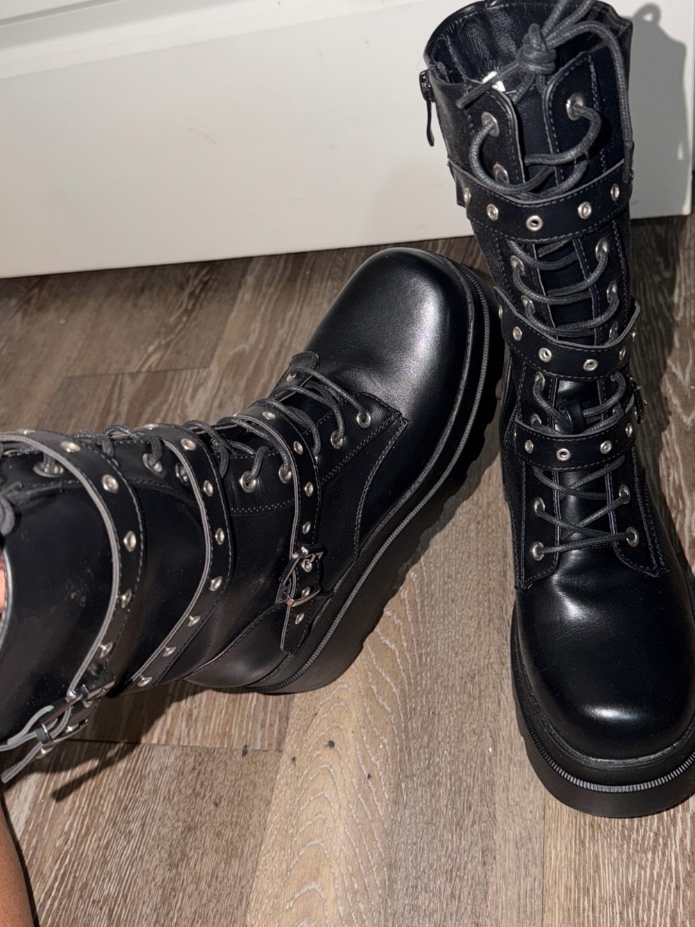 Women's Black Studded Lace-Up Combat Boots with Buckle Straps